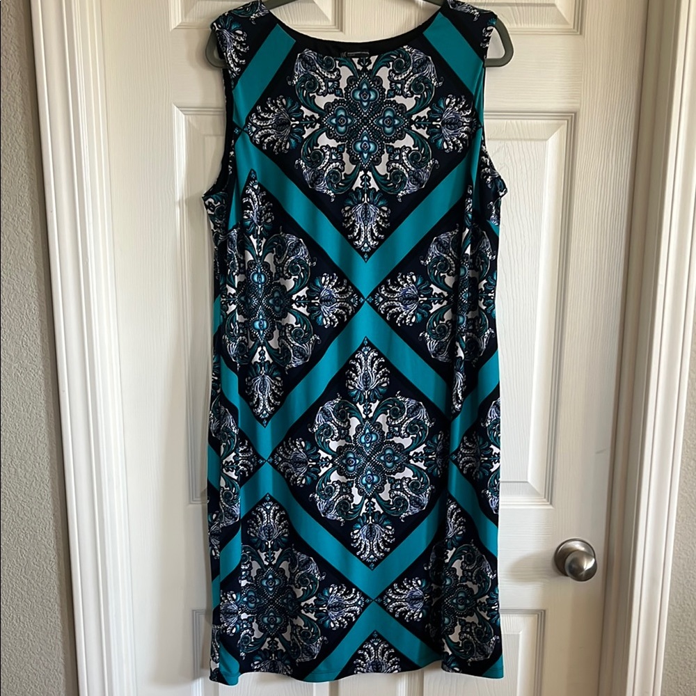 INC International Concepts Teal and Black Patterned Sheath Dress